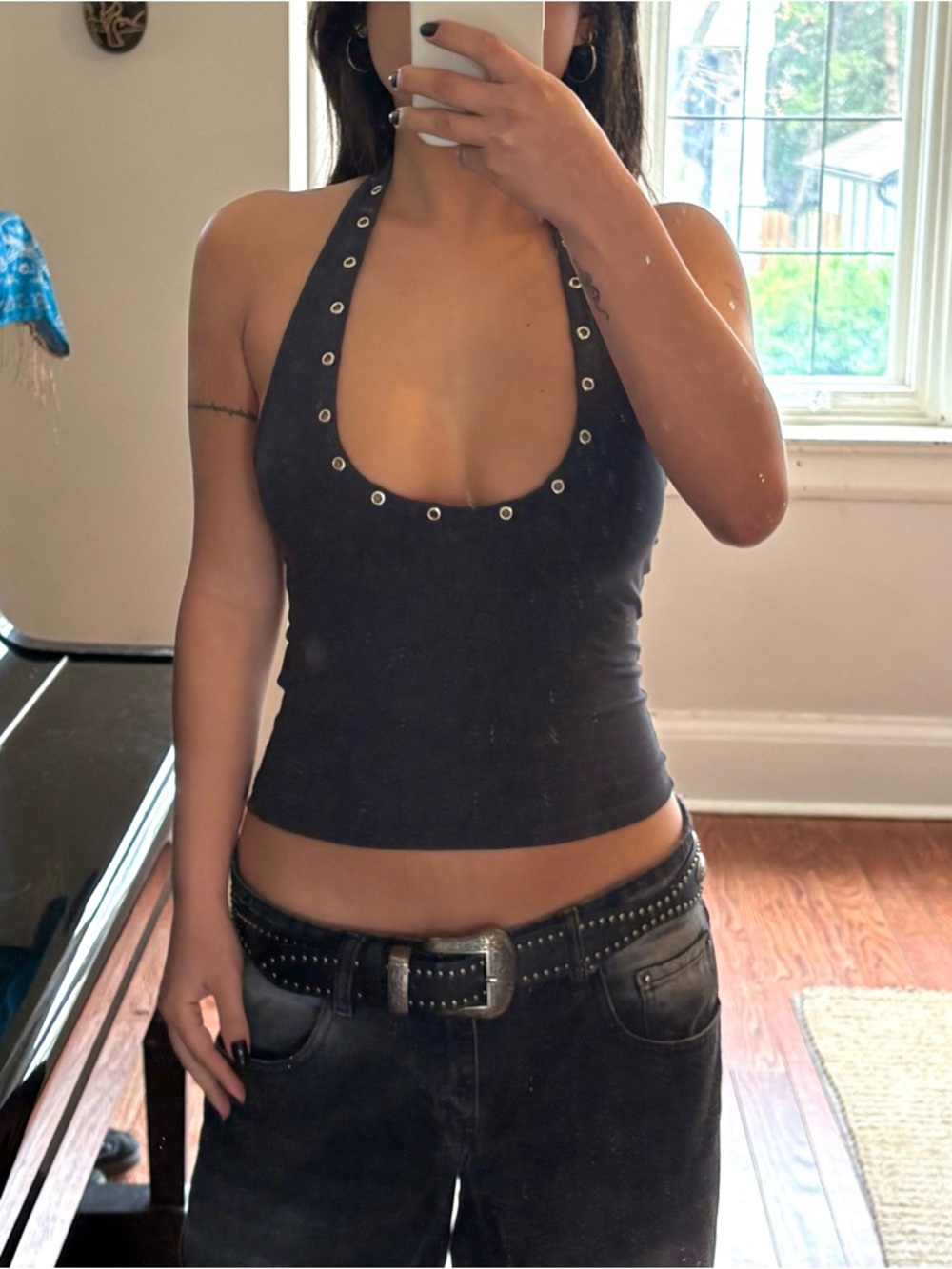 Bershka Black Halter Eyelet Tank Top